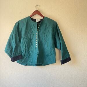 Vintage Green Patterned Button Front Shirt Tortoise Shell Buttons Medium